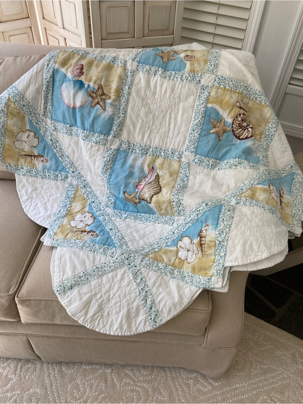 Handmade Summer Cottage Beach House Coastal Shell Patchwork Quilt - Blue & White